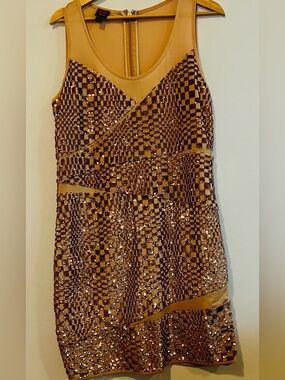 bebe Rose Gold Geo Sequin Mesh Bodycon Mini Dress XL